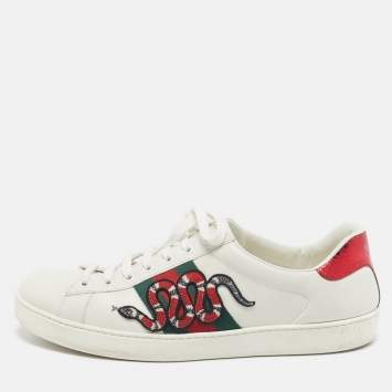 مملوكة مسبقًا Gucci White Leather and Snakeskin Embossed Leather Ace Lace Up Sneakers Size 43.5