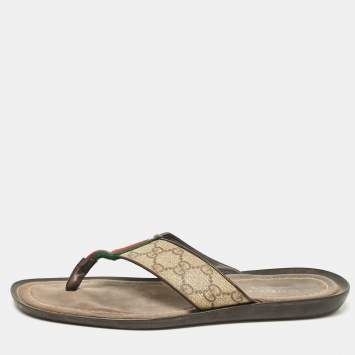 Pre Owned Gucci Brown/Beige Canvas and Leather Thong Sandals Size 42