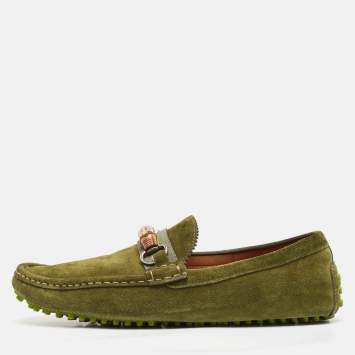 Pre Owned Gucci Green Suede Bamboo Horsebit Loafers Size 44