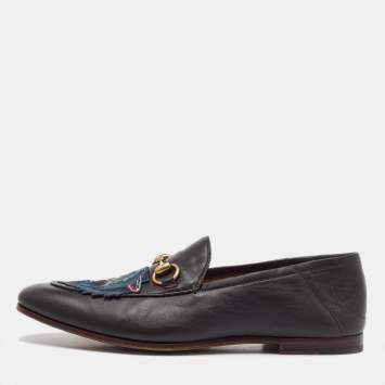 Pre Owned Gucci Dark Brown Leather Brixton Wolf Applique Horsebit Loafers Size 41.5