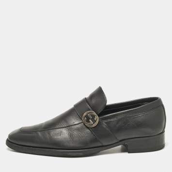 Pre Owned Gucci Black Leather Interlocking G Loafers Size 42
