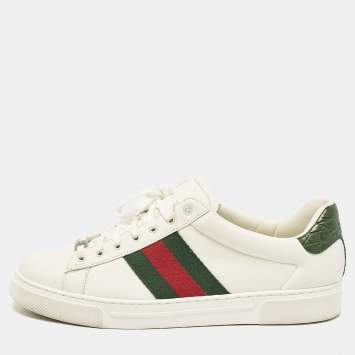 Pre Owned Gucci White Leather Web Ace Sneakers Size 43.5