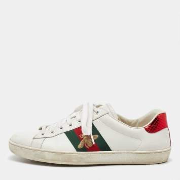 Pre Owned Gucci White Leather Embroidered Bee Web Ace Low Top Sneakers Size 42