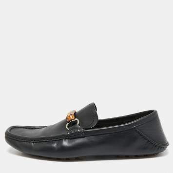 Pre Owned Gucci Black Leather Bamboo Horsebit Web Detail Loafers Size 43