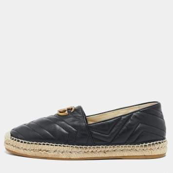 Pre Owned Gucci Black Matelasse Leather GG Marmont Espadrille Flats Size 42.5