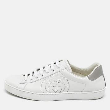 Pre Owned Gucci White/Grey Leather Interlocking G Ace Low Top Sneakers  Size 43