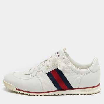 Pre Owned Gucci White Micro Guccissima Leather Web Detail Sneakers Size 43