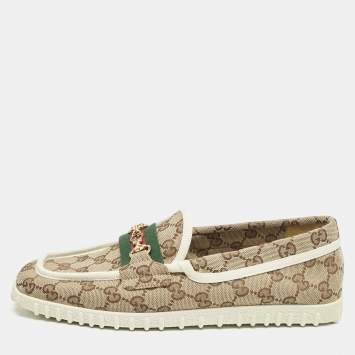 Pre Owned Gucci Beige GG Canvas Horsebit Web Slip On Loafers Size 41.5