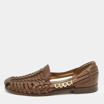 Gucci Brown Woven Leather Gucci Detail Slip On Loafers Size 43.5
