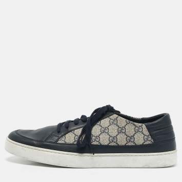 Gucci Navy Blue GG Supreme Canvas and Leather Low Top Sneakers Size 45