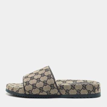 Pre Owned Gucci Navy Blue/Grey GG Canvas Flat Slide Sandals Size 43