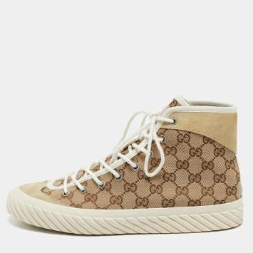 Gucci Beige/Brown GG Canvas and Suede Tortuga High Top Sneakers Size 42