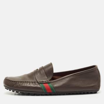 Gucci Dark Brown Leather Web Detail Slip On Loafers Size 42.5