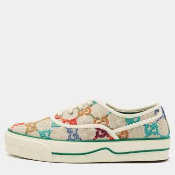 Pre Owned Gucci Beige Rainbow GG Canvas Tennis 1977 Sneakers Size 41.5