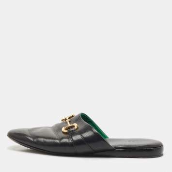 Gucci Black Leather Horsebit Flat Slides Size 41