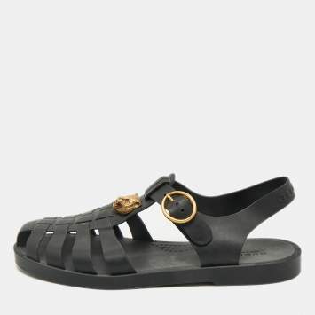 Gucci Black Rubber GG Marmont and Tiger Embellished Buckle Strap Flat Sandals Size 41