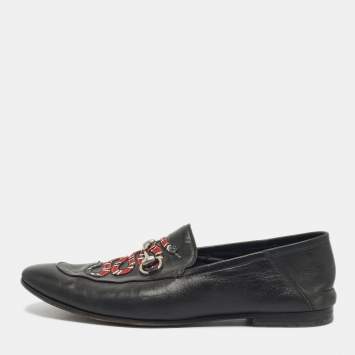 Pre Owned Gucci Black Leather Snake Applique Brixton Loafers Size 44.5