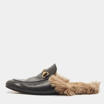 Pre Owned Gucci Black Leather and Fur Princetown Flat Mules Size 45