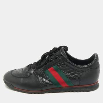Gucci Black Guccissima Leather Web Low Top Sneakers Size 43.5
