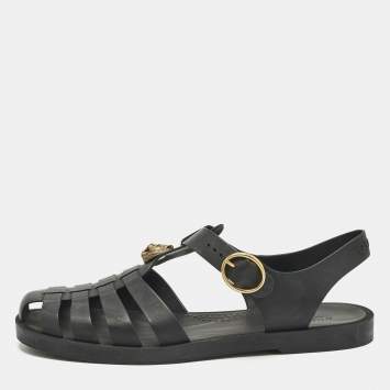 Gucci Black Rubber Studded Tiger Head Flat Sandals Size 43