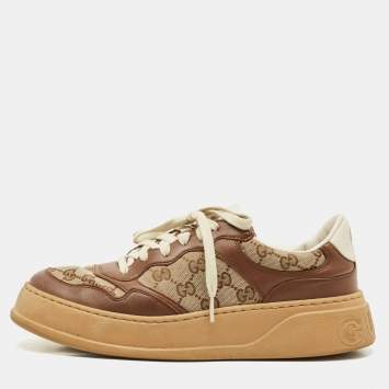 Pre Owned Gucci Beige/Brown GG Canvas and Leather Chunky B Sneakers Size 42.5