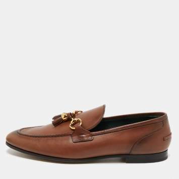 Pre Owned Gucci Brown Leather Jordaan Tassel Loafers Size 45