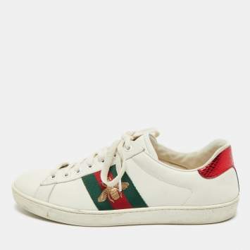 Pre Owned Gucci White Leather And Python Embossed Leather Ace Low Top Sneakers Size 42