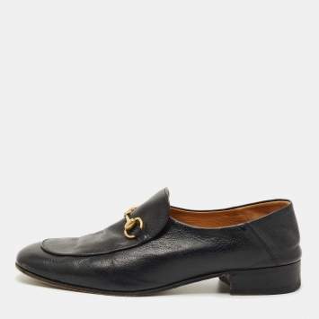 Pre Owned Gucci Black Leather Horsebit Slip On Loafers Size 44.5
