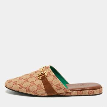 Pre Owned Gucci Beige GG Canvas and Suede Princetown Mules Size 42