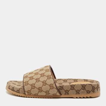 Pre Owned Gucci Brown/Burgundy GG Canvas and Leather Flat Slides Size 43