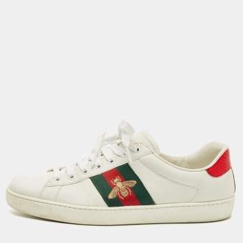 Pre Owned Gucci White Leather and Python Embossed Leather Web Ace Lace Up Sneakers Size 43