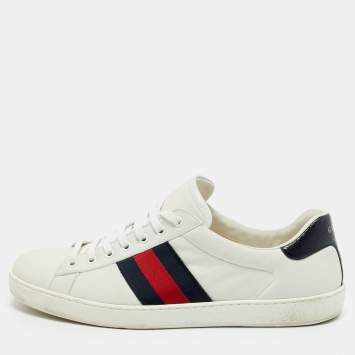 Pre Owned Gucci White Python Embossed Leather Web Ace Lace Up Sneakers Size 45.5
