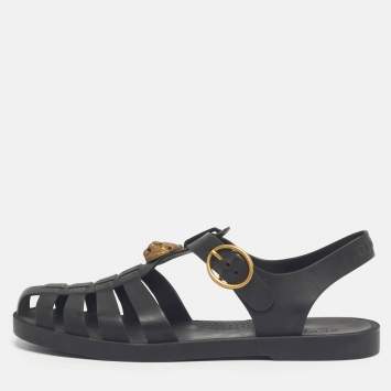 Pre Owned Gucci Black Rubber Tiger Head Flat Sandals Size 39