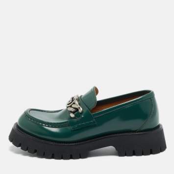 Pre Owned Gucci Green Leather Interlocking G Chain Loafers Size 41.5