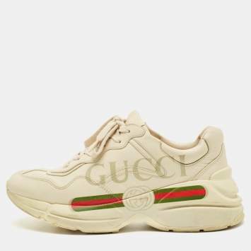 Pre Owned Gucci Cream Leather Rhyton Lace Up Sneakers Size 39.5