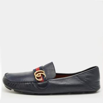 Pre Owned Gucci Navy Blue Leather GG Marmont Web Driver Slip On Loafers Size 44