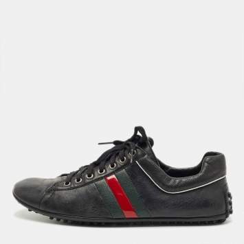 Pre Owned Gucci Black Leather and  Web Low Top Sneakers Size 45