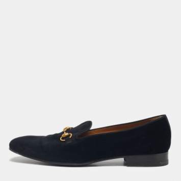 Pre Owned Gucci Black Velvet Horsebit Slip On Loafers Size 44