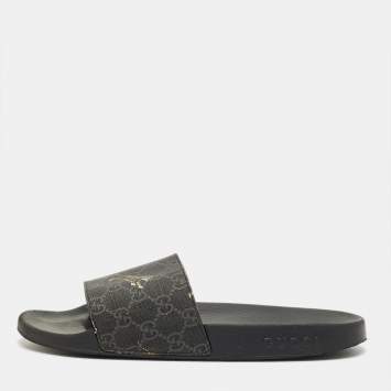 Pre Owned Gucci Black GG Coated Canvas Pool Slide Size 42