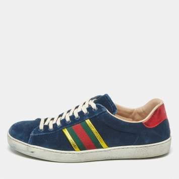 Pre Owned Gucci Blue Velvet And Leather Web Detail Low Top Sneakers Size 42.5