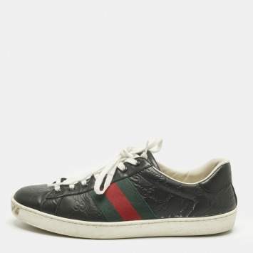 Pre Owned Gucci Black Leather Ace Web Lace Up Sneakers Size 42.5