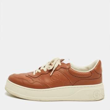 مملوكة مسبقًا Gucci Brown Jumbo GG Leather Chunky B Sneakers Size 43.5