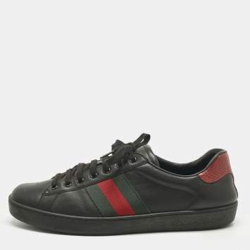 Pre Owned Gucci Black Leather Ace Web Lace Up Sneakers Size 43.5