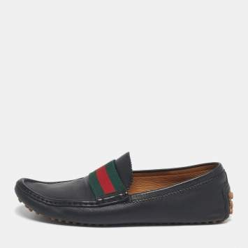 Pre Owned Gucci Black Leather Web Slip On Loafers Size 42