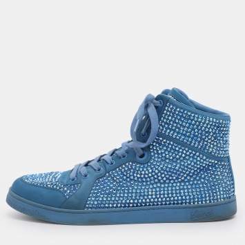 مملوكة مسبقًا Gucci Blue Satin Crystal Embellished High Top Sneakers Size 43