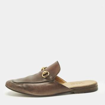 Pre Owned Gucci Brown Leather Horsebit Mules Size 41
