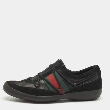 Pre Owned Gucci Black Leather and Suede Elastic Web Vintage Slip On Sneakers Size 42.5