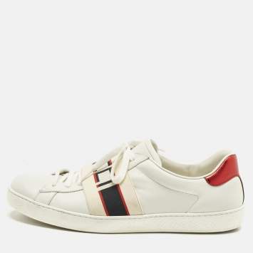 Pre Owned Gucci White Leather New Ace Logo Strap Sneaker Size 44