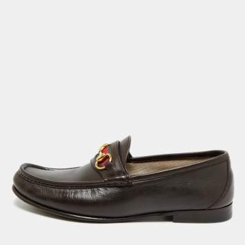 Pre Owned Gucci Horsebit Web Size 42.5 Dark Brown Leather Loafers