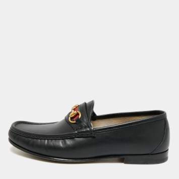 Pre Owned Gucci Horsebit Web Size 42.5 Black Leather Loafers